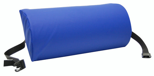 Blue cylindrical pillow with black straps on a white background