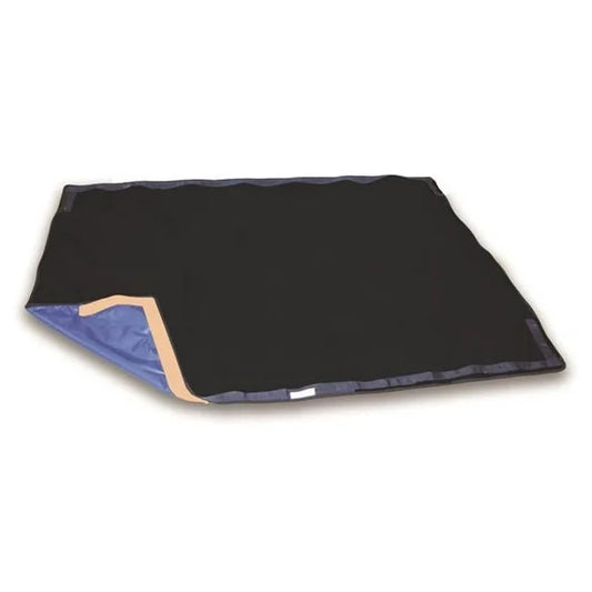 Black and blue blanket with beige trim on a white background