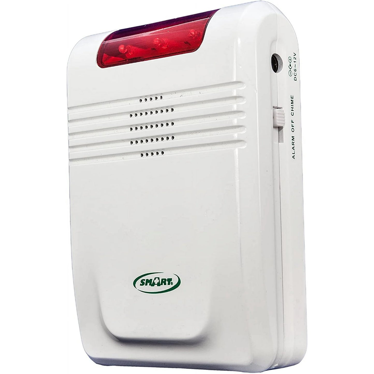 White electronic device with a red light on a white background