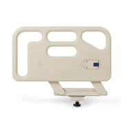 Beige hospital bed side rail with integrated control panel and mounting bracket, shown on a white background.