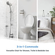 Collage of bathroom elements with a 3-in-1 commode labeled, featuring a shower, toilet, and bed.