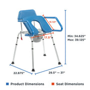 Blue medical examination chair with dimensions labeled on a white background