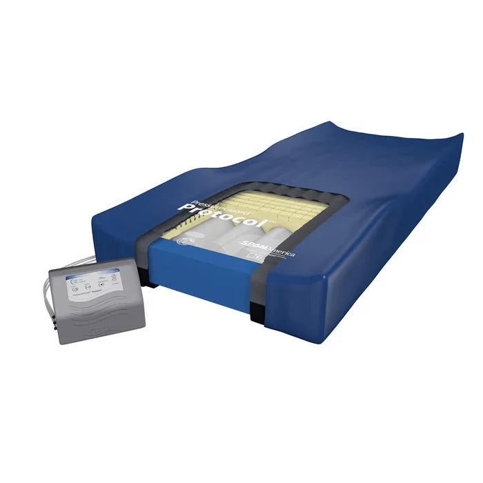 Blue mattress cover with a gray device on a white background
