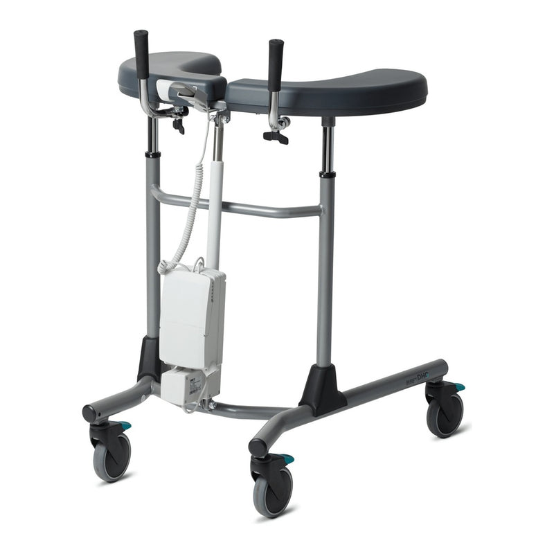 A medical standing frame with a dark gray padded seat and armrests, a silver metal frame, and four caster wheels, shown on a plain white background.