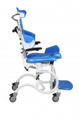 Blue and white pediatric wheelchair with footrests on a white background