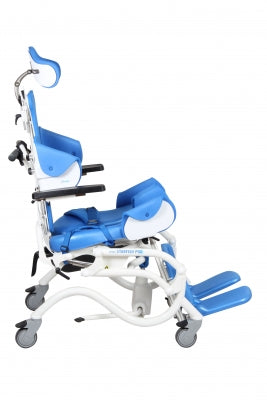 Blue and white pediatric wheelchair with seat belt on a white background