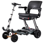 Black mobility scooter with a seat on a white background