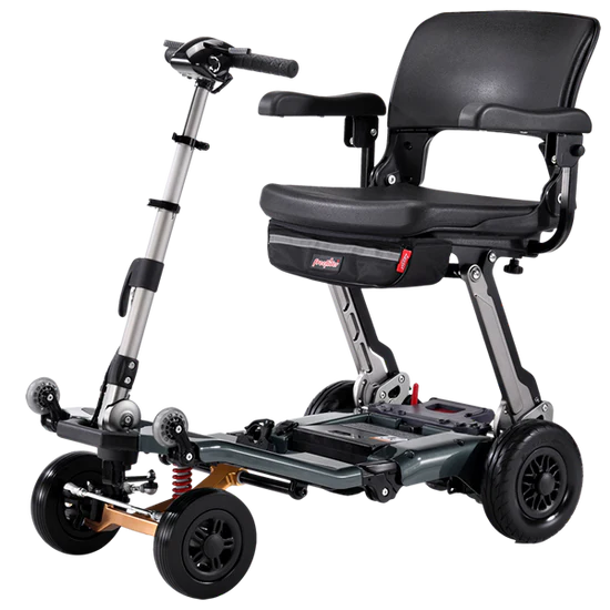 Black mobility scooter with a seat on a white background