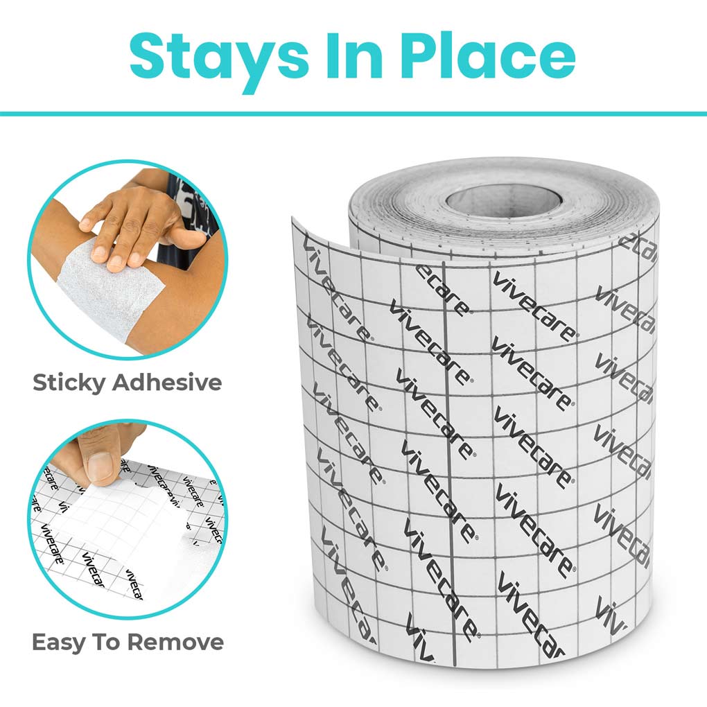Roll of VIVECARE tape with text 'Stays In Place' and 'Easy To Remove' on a white background.