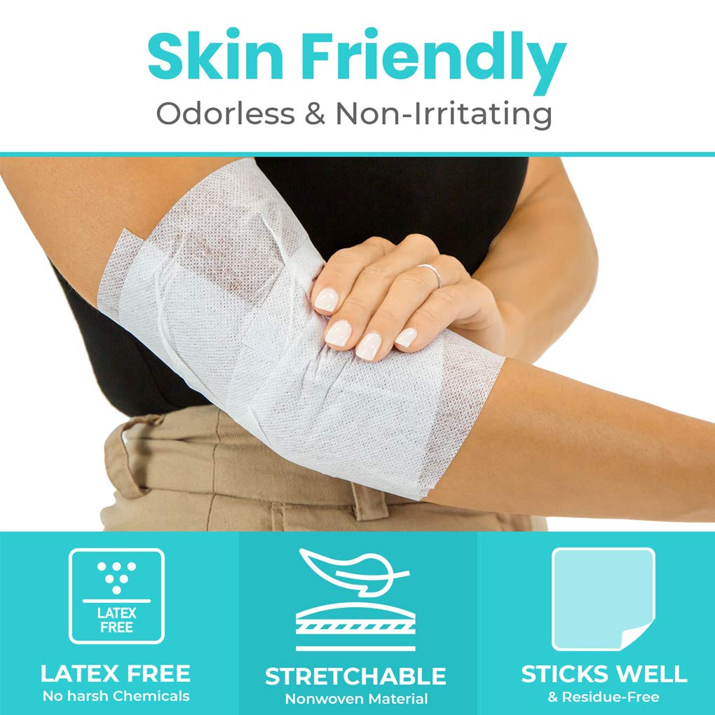 Person wearing a skin-friendly bandage on their arm with product features highlighted.