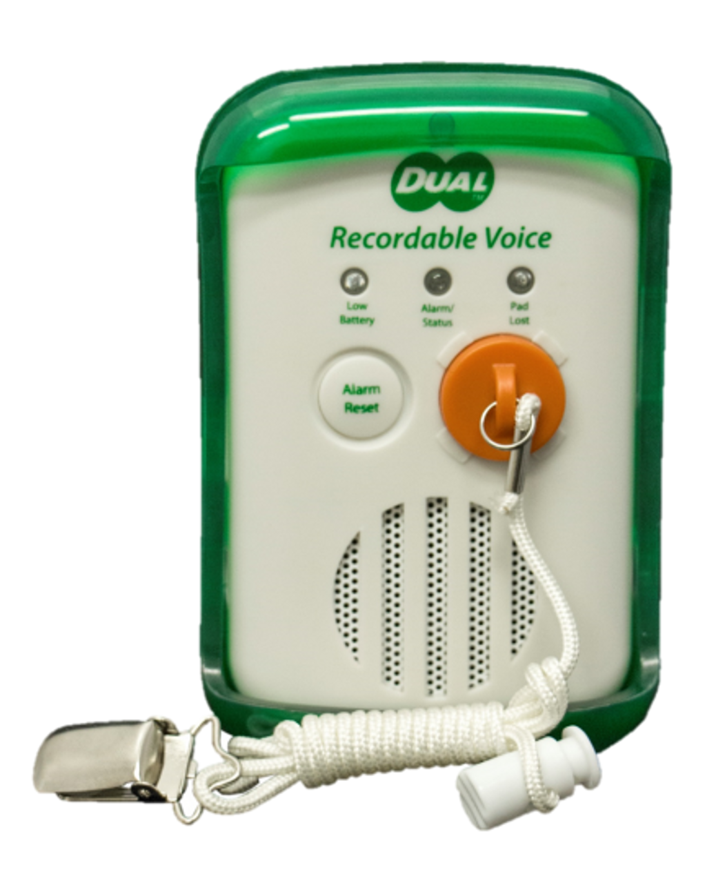Dual recordable voice device with green casing and microphone on a white background