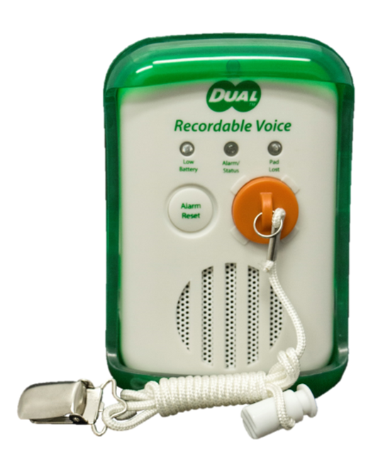 Dual recordable voice device with green casing and microphone on a white background
