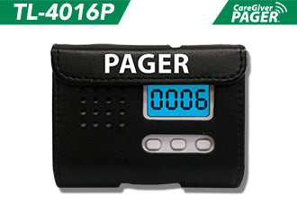 Black pager with digital display on a white background