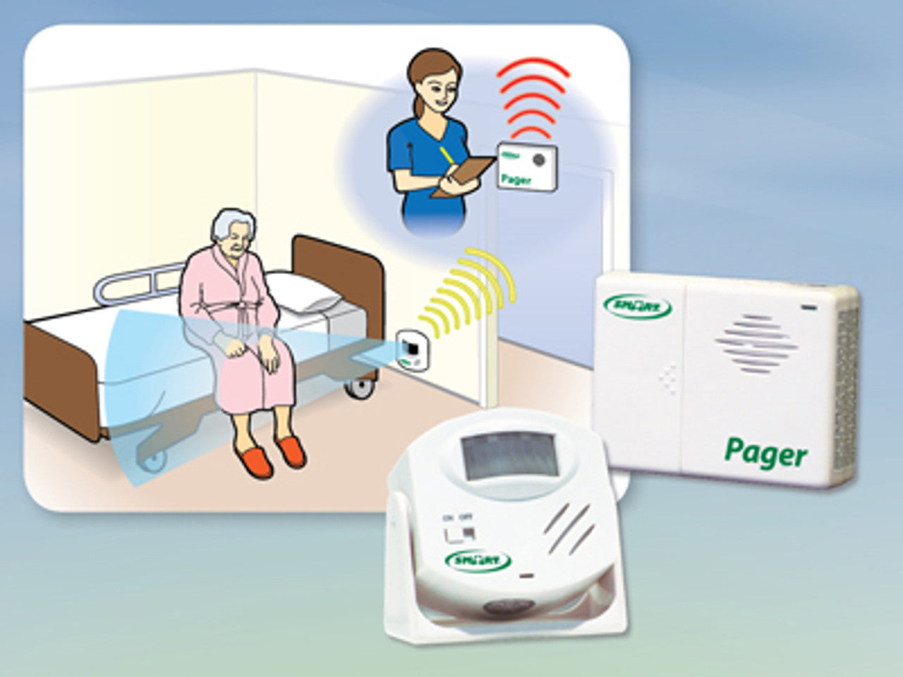 Intrusion alarm system with pager and illustration of a patient in bed and nurse.