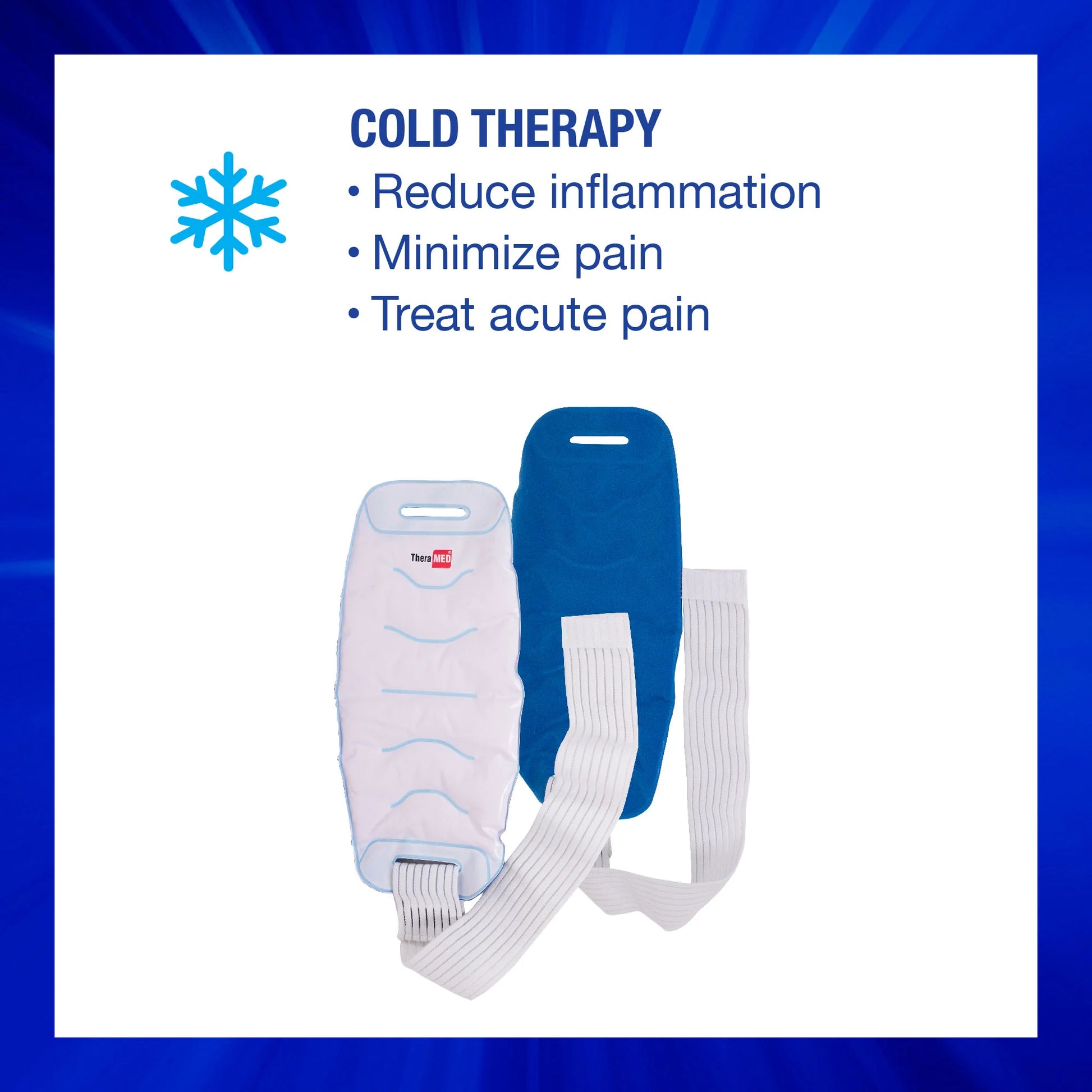 Cold therapy device with blue and white colors on a white background