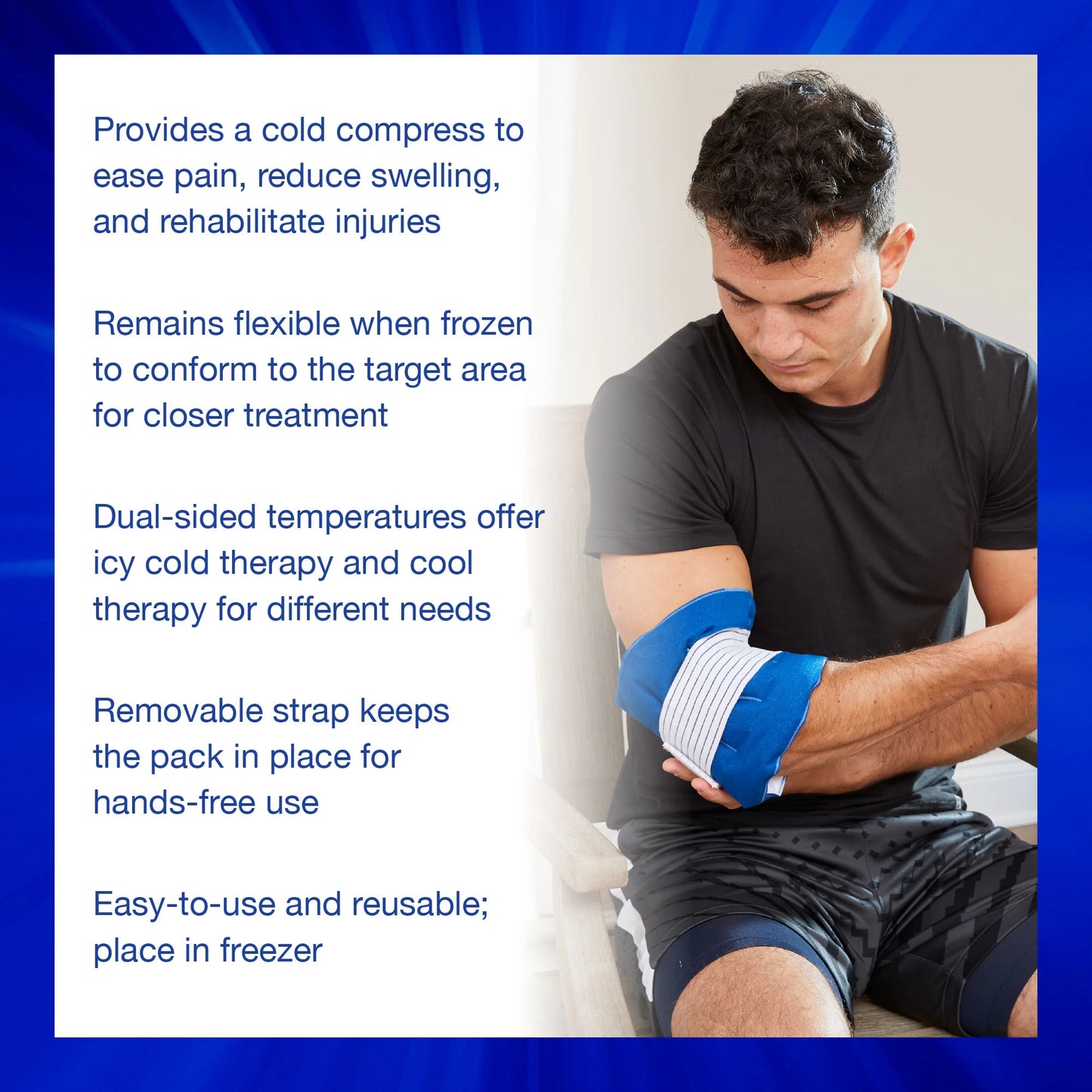 Person using a cold compress on their arm with product features listed on the left.