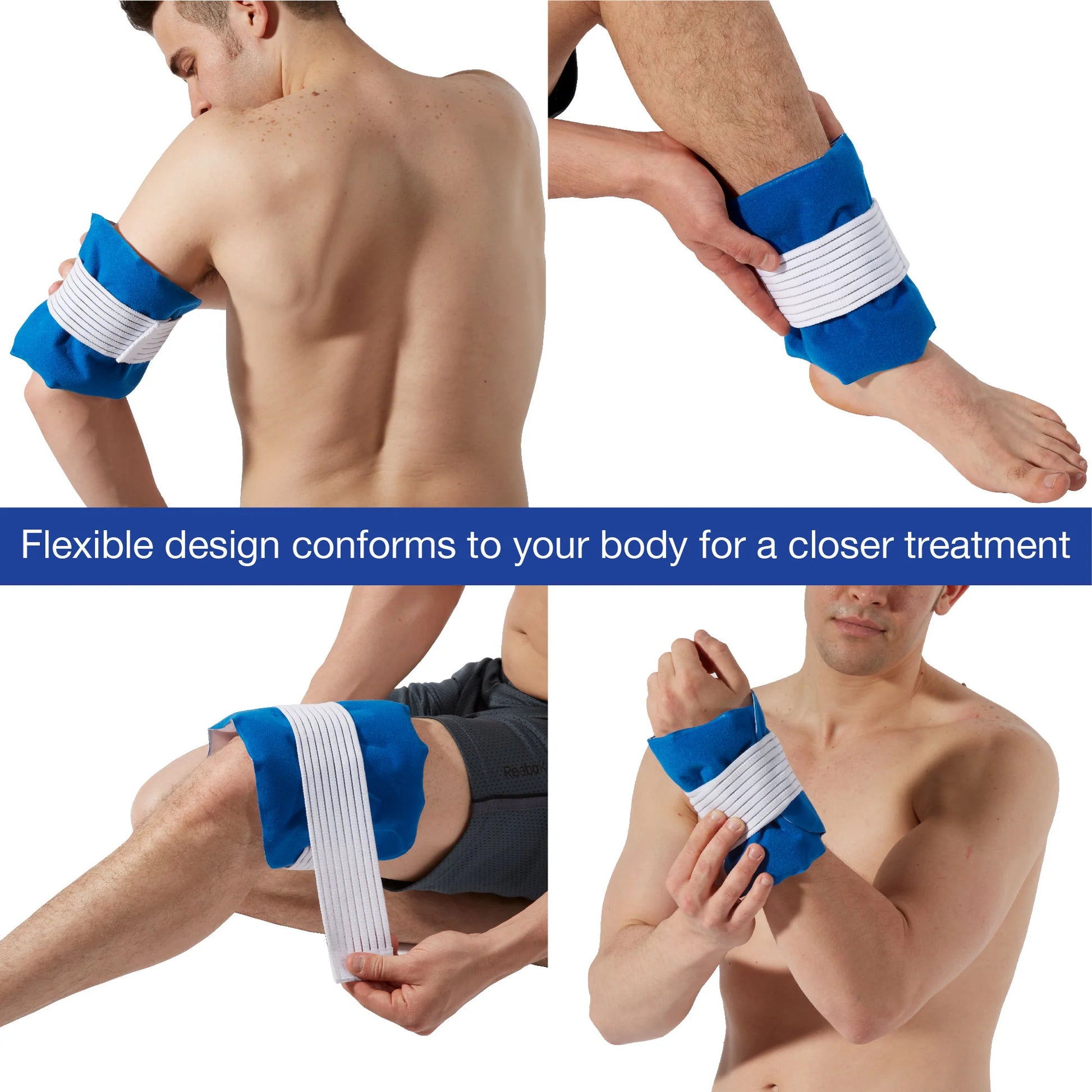 Collage of a person wearing blue and white compression wraps on various parts of their body with text about flexible design.