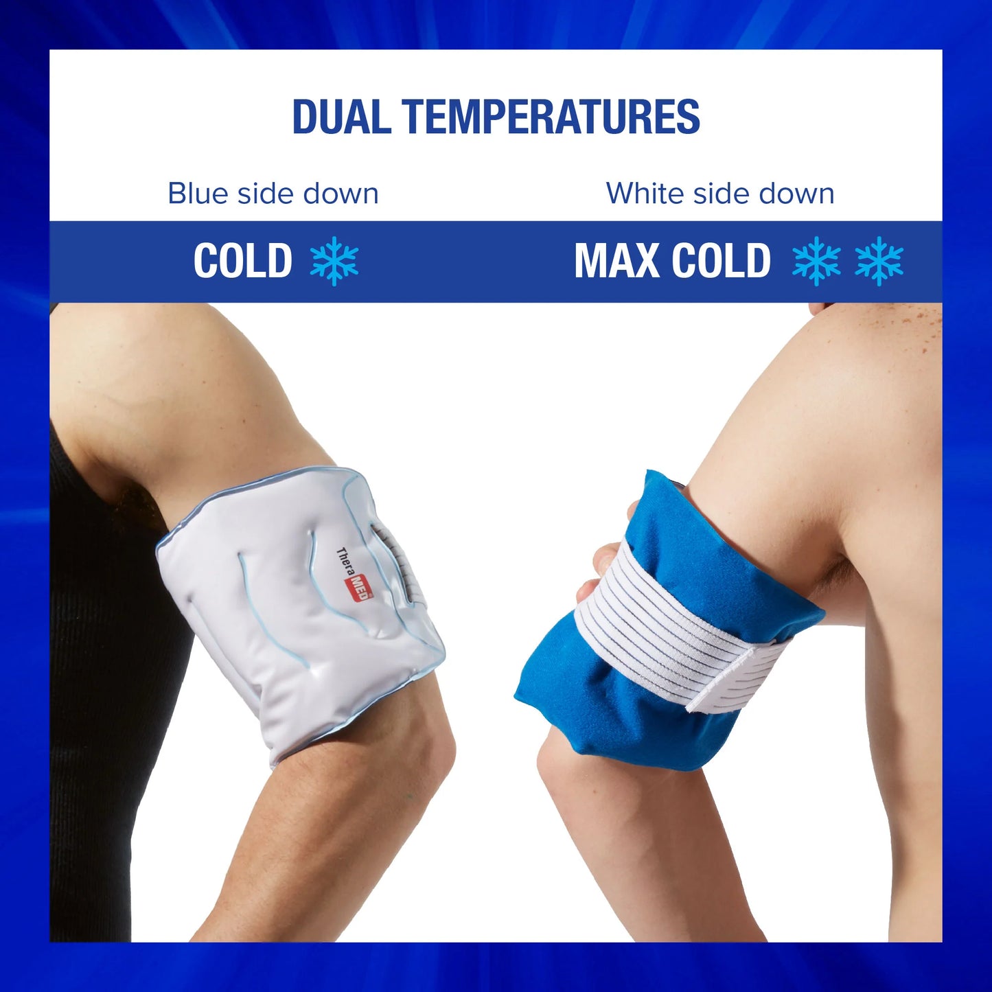 Two knee sleeves, one white and one blue, on a person's knees with text indicating 'Cold' and 'Max Cold'.