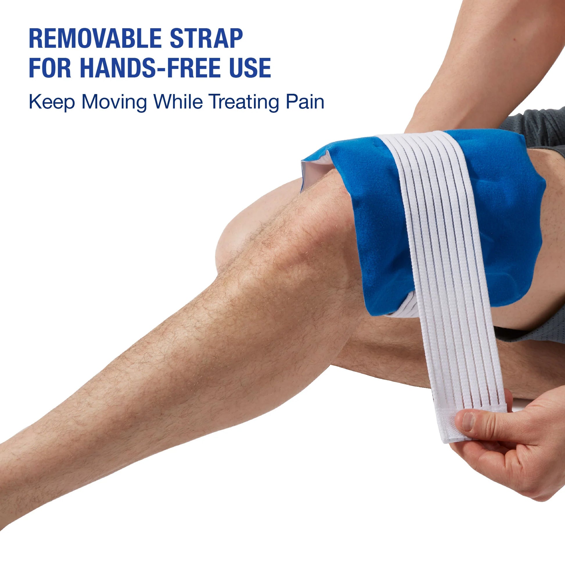 Person using a blue compression bandage on their knee with text about a removable strap for hands-free use.