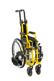 A yellow and black compact folding wheelchair shown from a three-quarter rear angle on a solid white background.