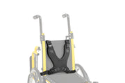 A black wheelchair harness with adjustable straps, shown attached to a wheelchair with yellow and gray components on a solid white background.