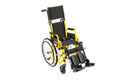 A lightweight manual wheelchair with a bright yellow frame and black seat, backrest, and accessories, shown from a three-quarters angle on a solid white background.