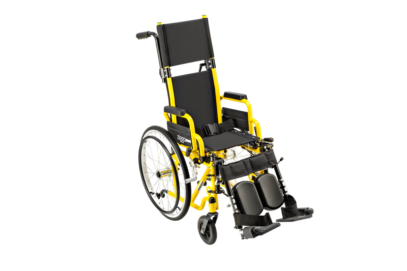A lightweight manual wheelchair with a bright yellow frame and black seat, backrest, and accessories, shown from a three-quarters angle on a solid white background.