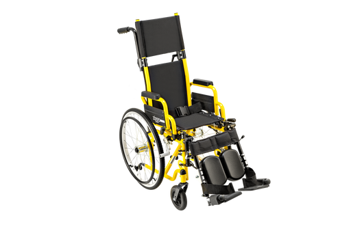 A lightweight manual wheelchair with a bright yellow frame and black seat, backrest, and accessories, shown from a three-quarters angle on a solid white background.