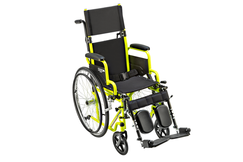 A lightweight manual wheelchair with a bright neon yellow frame and black fabric seat, backrest, and wheels, shown on a plain white background.