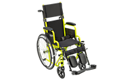 A lightweight manual wheelchair with a bright neon yellow frame and black fabric seat, backrest, and wheels, shown on a plain white background.