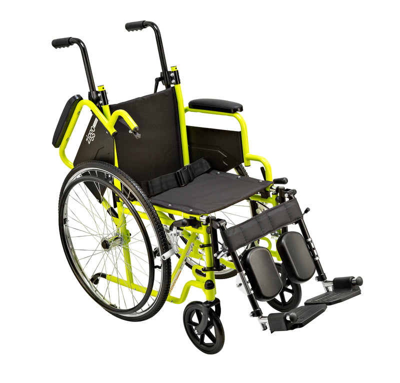 A bright lime green and black manual wheelchair with a footrest, shown from a three-quarters angle on a solid white background.