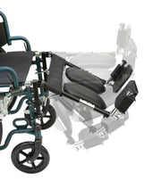 A close-up studio shot of a wheelchair with black padded armrests and footrests, shown against a white background with a faint ghosted secondary view behind it.