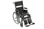 A compact manual wheelchair with a black fabric seat and backrest, dark teal metal frame, black wheels, and foldable footrests, shown on a plain white background.