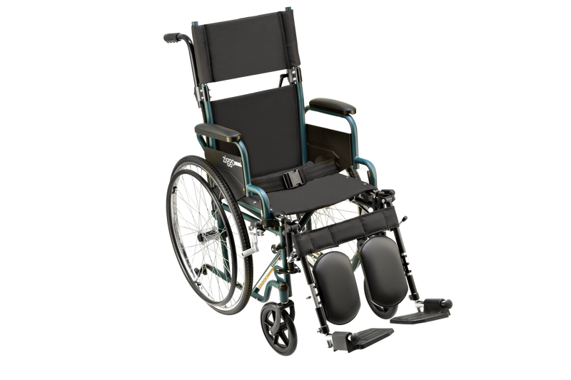 A compact manual wheelchair with a black fabric seat and backrest, dark teal metal frame, black wheels, and foldable footrests, shown on a plain white background.