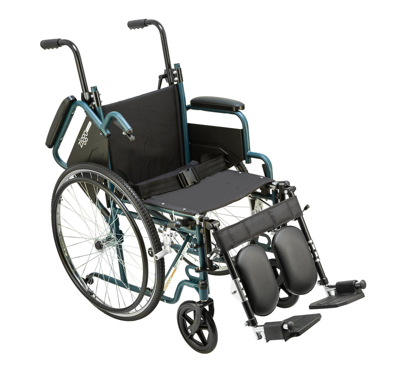 A compact folding manual wheelchair with a teal metal frame and black fabric seat, backrest, and armrests, shown on a plain white background with the footrests folded down.