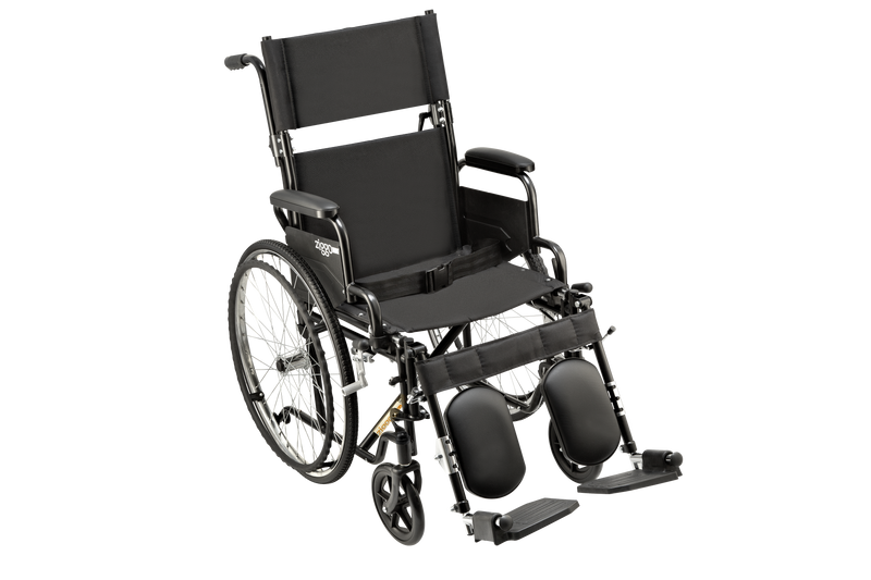 A black manual wheelchair with padded seat and backrest, armrests, large rear wheels, small front casters, and adjustable footrests, shown on a plain white background.