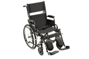 A black manual wheelchair with padded seat and backrest, armrests, large rear wheels, small front casters, and adjustable footrests, shown on a plain white background.