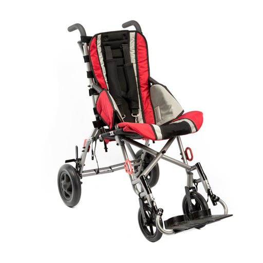 Red and black stroller with a white background