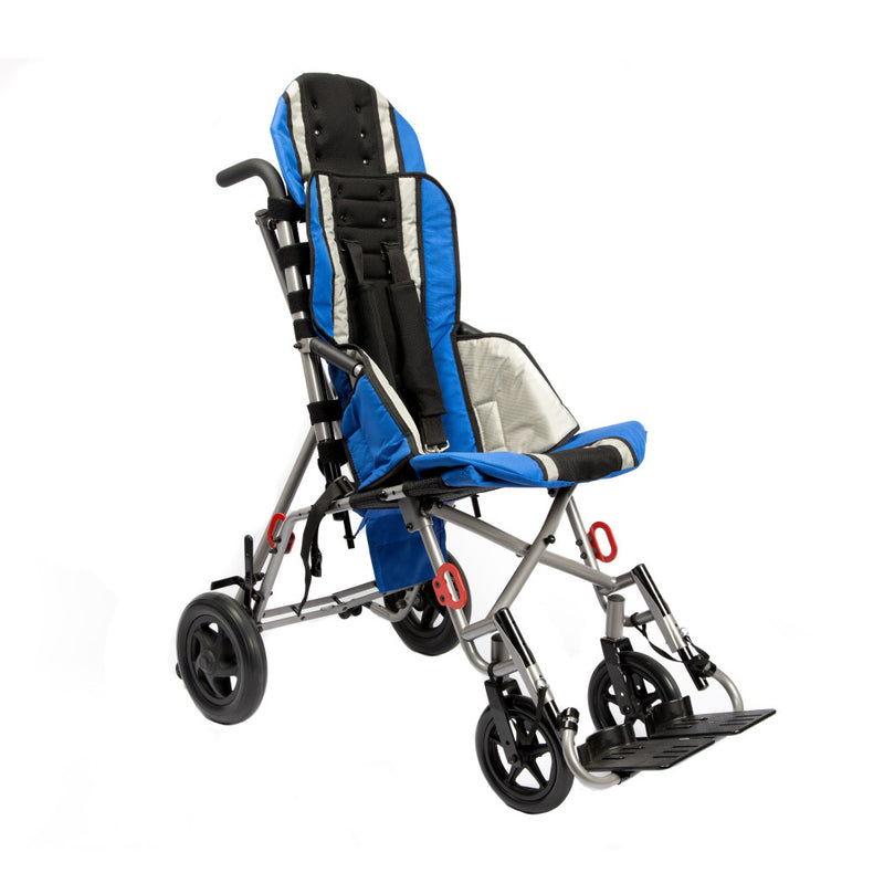 Children's blue and gray wheelchair on a white background