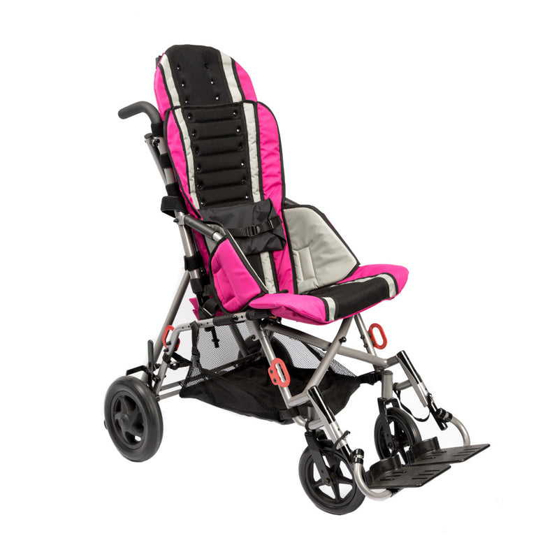 Pink and black stroller on a white background