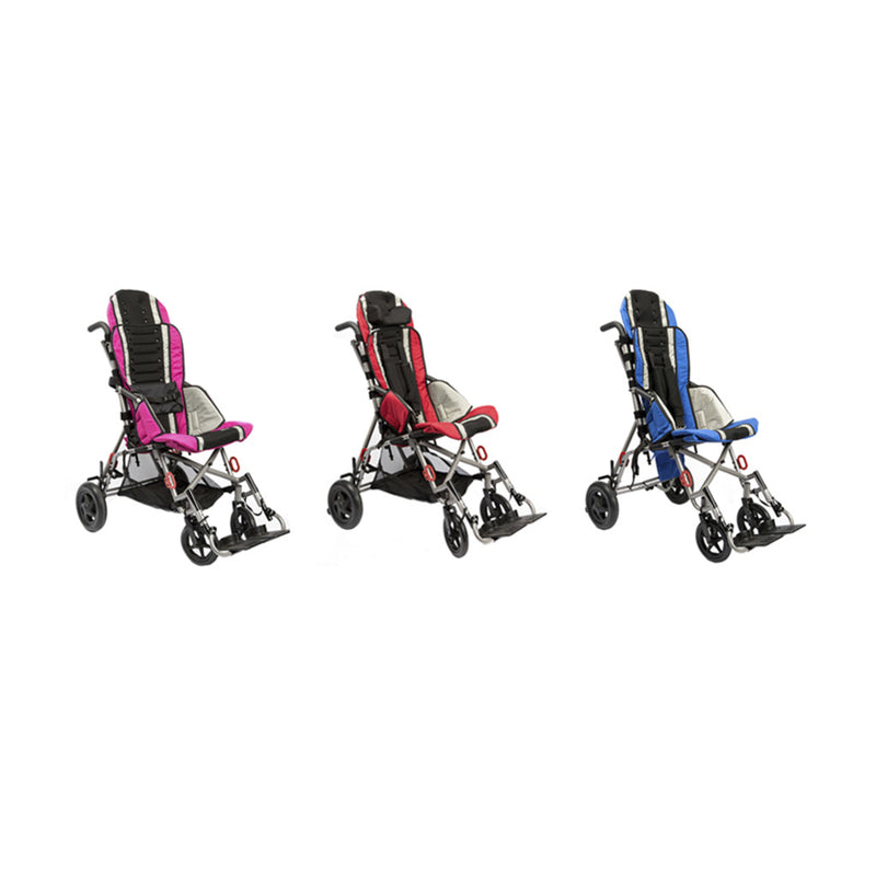 Three different colored strollers on a white background