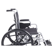 Wheelchair with black seat and gray frame on a white background