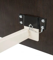 Metal bracket attached to a wooden surface with screws.