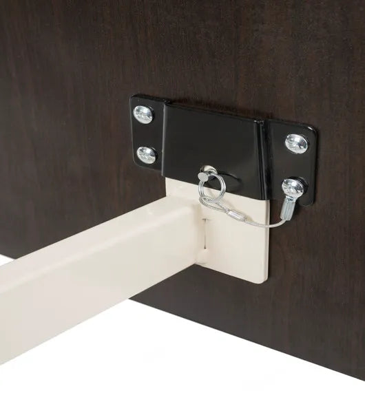 Metal bracket attached to a wooden surface with screws.