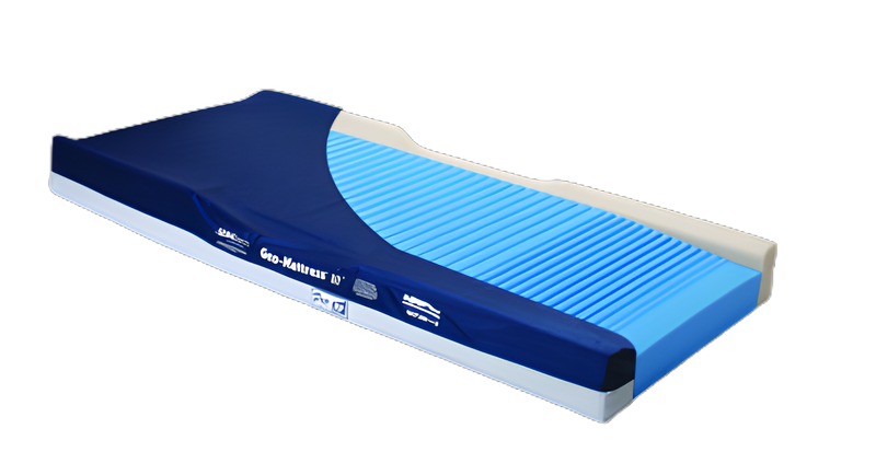 A blue and white medical bed support cushion with a ribbed textured top surface, shown on a plain white background.