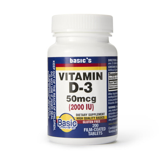 Vitamin D-3 supplement bottle with label on a white background