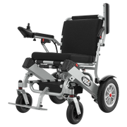 A silver and black electric wheelchair shown from a three-quarter angle on a white background. The wheelchair features a black mesh seat and backrest, black wheels with silver rims, a silver frame, and a joystick control on the left armrest.