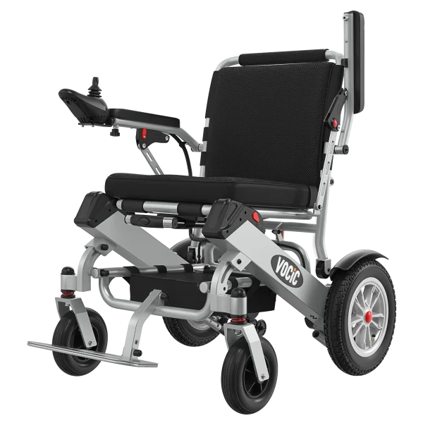 A silver and black electric wheelchair shown from a three-quarter angle on a white background. The wheelchair features a black mesh seat and backrest, black wheels with silver rims, a silver frame, and a joystick control on the left armrest.