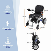 A dimension diagram of a folding electric wheelchair on a white and light blue background, showing measurements for height, width, and depth, along with weight information: 300 lbs load bearing, suitable for height 59-75 in, and product weight 55 lbs.