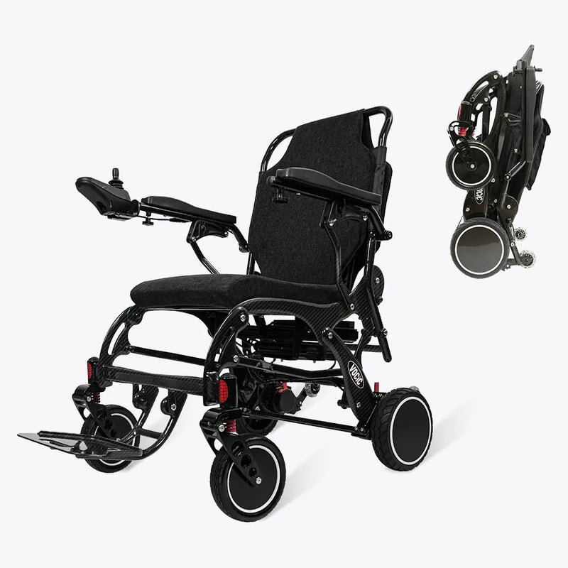 Black electric wheelchair shown on a light gray studio background, with a smaller inset image in the upper right showing the folded version of the same product.